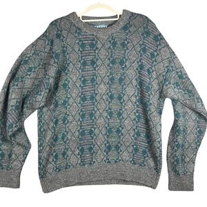 Loafers Reed St James Sweater Mens‎ XL Grey Teal Geometric Knit Vintage USA Made